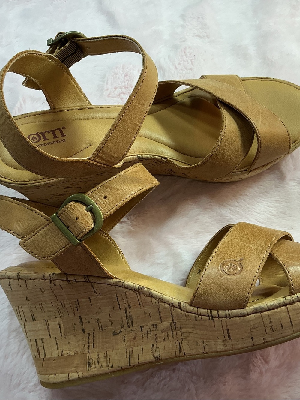 Born Cognac Brown Leather Crisscross Wedge Sandals c130 - Picture 3 of 7